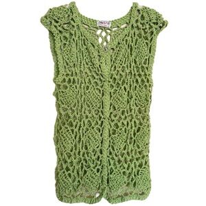 Vintage Hand Crochet Knit Vest Women’s Medium Green Sweater Sleeveless Boho